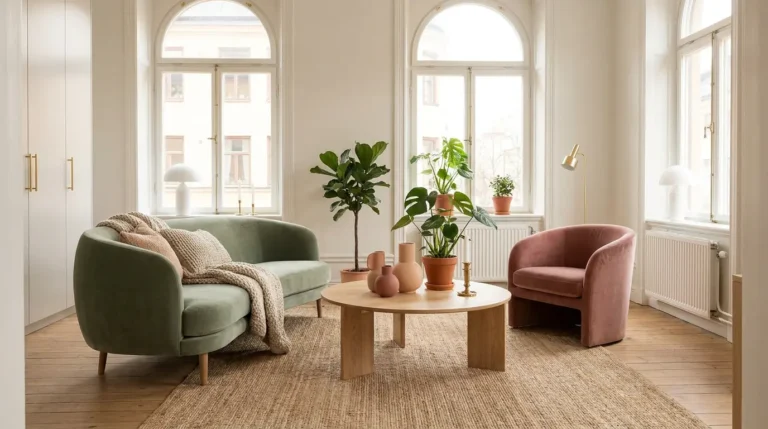 Salon w paleta kolorów Pantone wiosna lato - sage green sofa, dusty rose fotel, biała ściana Cloud Dancer, dębowa podłoga, nowoczesna aranżacja skandynawska