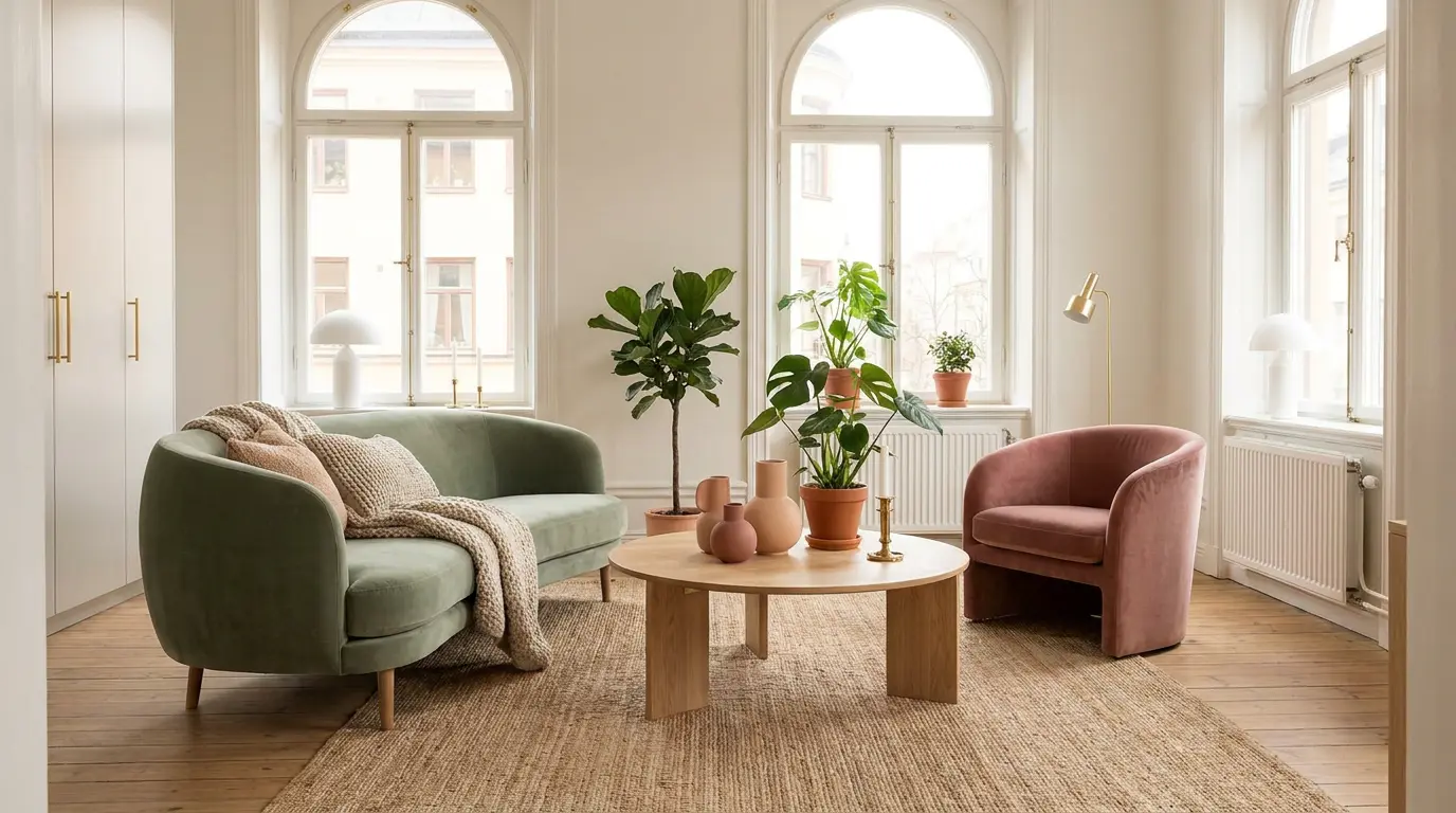 Salon w paleta kolorów Pantone wiosna lato - sage green sofa, dusty rose fotel, biała ściana Cloud Dancer, dębowa podłoga, nowoczesna aranżacja skandynawska