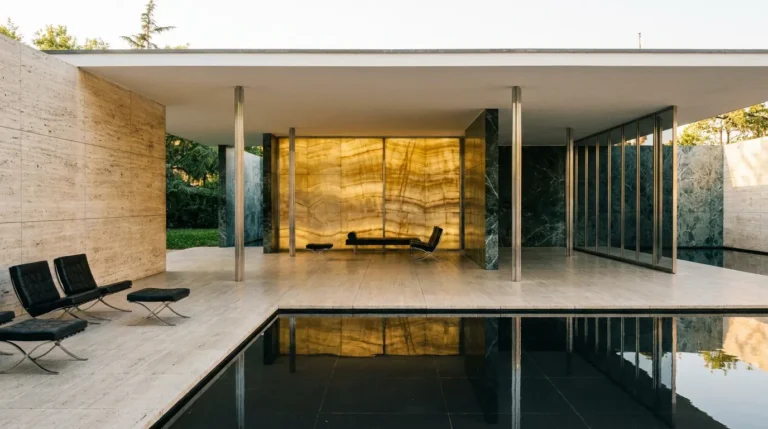 Wnetrze Pawilonu Barcelonskiego z 1929 roku zaprojektowanego przez Ludwig Mies van der Rohe - trawertyn, onyks i chromowane kolumny mistrza minimalizmu