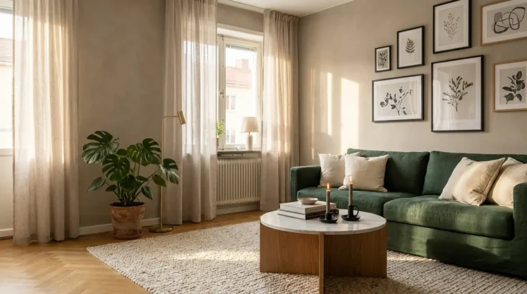 Salon w stylu New Nordic z greige ścianami jasnym dębowym parkietem i butelkowo-zieloną lnianą sofą - nowoczesna skandynawska aranżacja