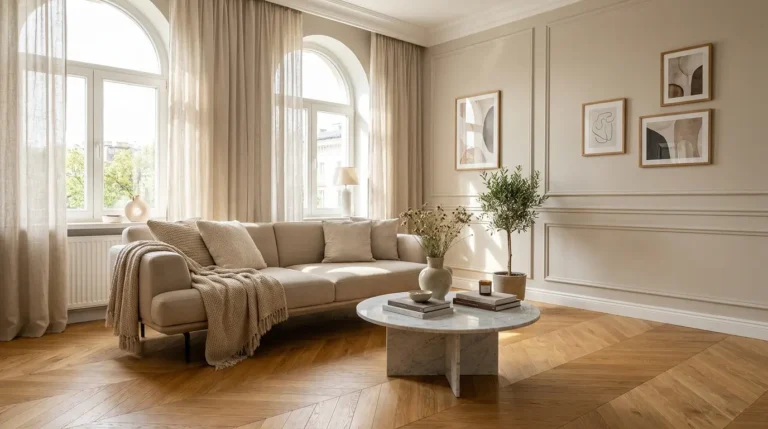 Podłoga jodełka w nowoczesnym salonie z dębowymi deskami w ciepłym miodowym odcieniu - aranżacja modern classic