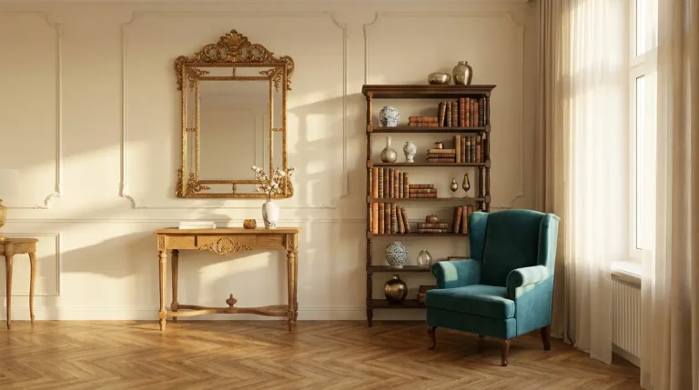 Eleganckie wnętrze salonu z etażerką, berżerą i konsolą pod lustrem - pojęcia wnętrzarskie w praktyce