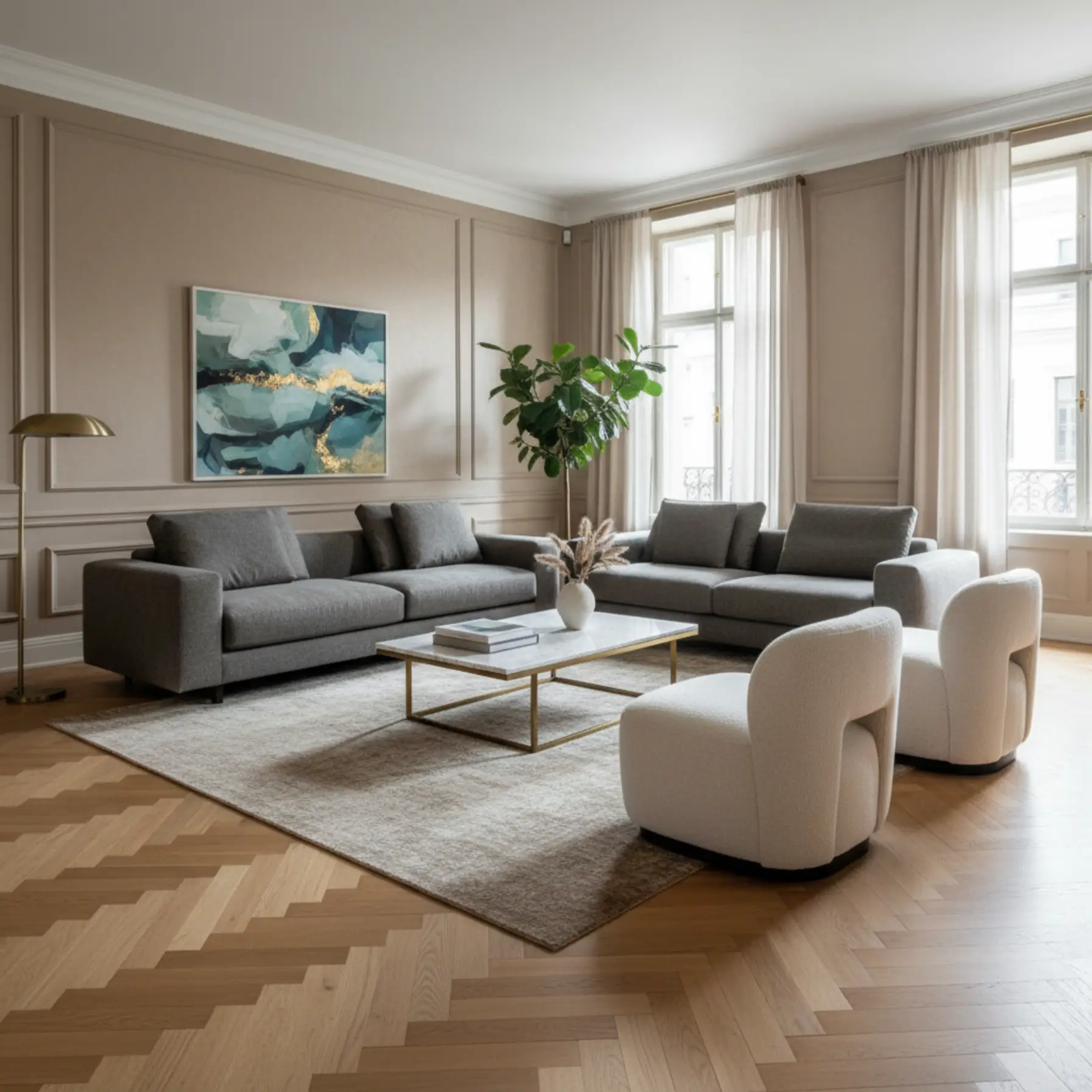 Eleganckie wnętrze salonu z podłogą drewnianą układaną w klasycznej jodełce z naturalnego dębu w trendach 2026
