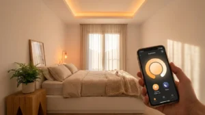 Inteligentne oświetlenie w sypialni sterowane przez telefon - smartfon z aplikacją smart home i ciepłe światło wschodu słońca przy łóżku