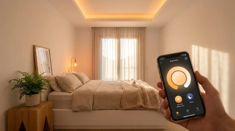 Inteligentne oświetlenie – jak sterować światłem przez telefon 2 Inteligentne oświetlenie w sypialni sterowane przez telefon - smartfon z aplikacją smart home i ciepłe światło wschodu słońca przy łóżku