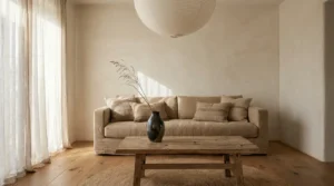 Styl wabi-sabi w salonie - aranżacja jasnego salonu z surowymi tynkami glinianymi, drewnianym stolikiem i ceramiczną misą - inspiracja 2026