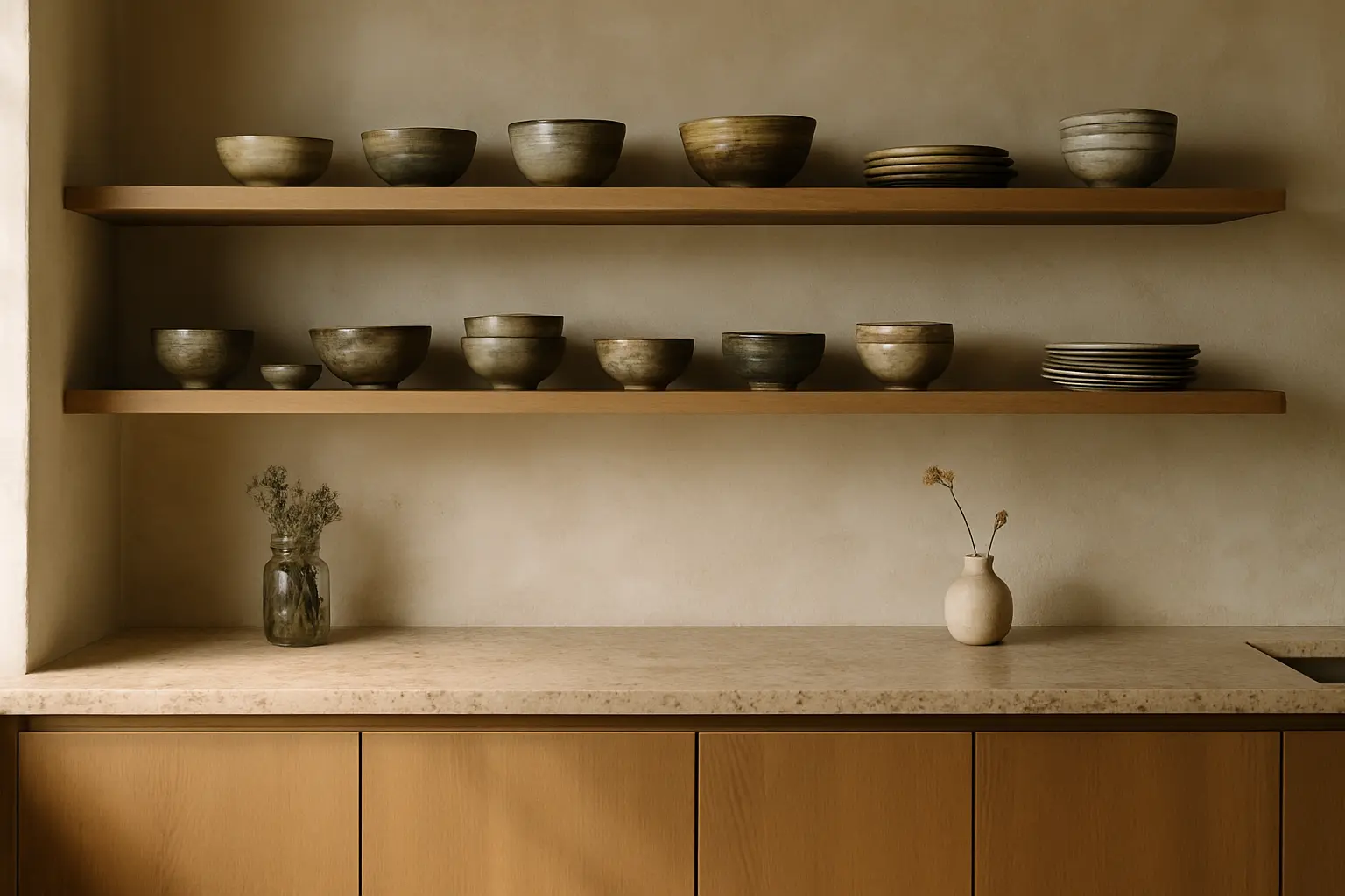 Kuchnia w stylu wabi-sabi z otwartymi drewnianymi półkami eksponującymi ręcznie wykonaną ceramikę i kamiennym blatem trawertynowym