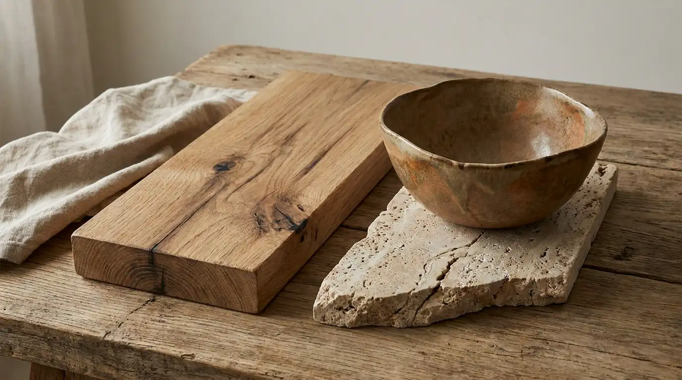 Naturalne materiały w stylu wabi-sabi - kompozycja drewna olejowanego, lnu, kamienia trawertynu i ceramicznej misy z nieregularnym szkliwem