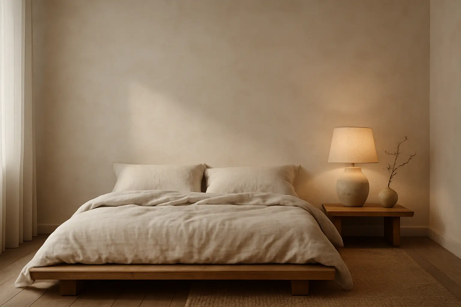Sypialnia w stylu wabi-sabi z niskim drewnianym łóżkiem platformowym, lnianą pościelą écru i ceramicznymi lampami nocnymi