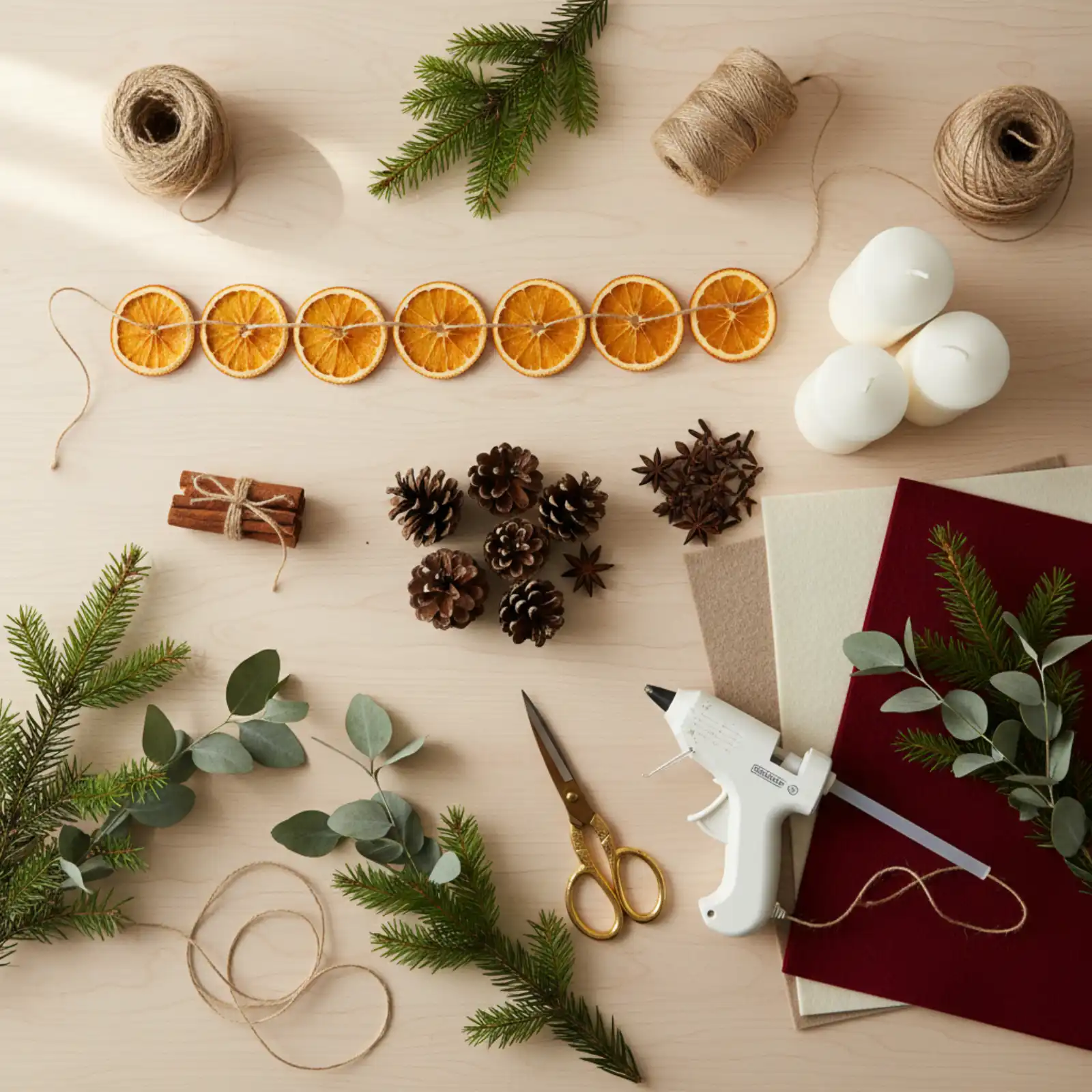 Domowy warsztat DIY z naturalnymi materiałami na świąteczne dekoracje DIY - plastry pomarańczy, cynamon, gałązki świerku, sznurek jutowy i filc