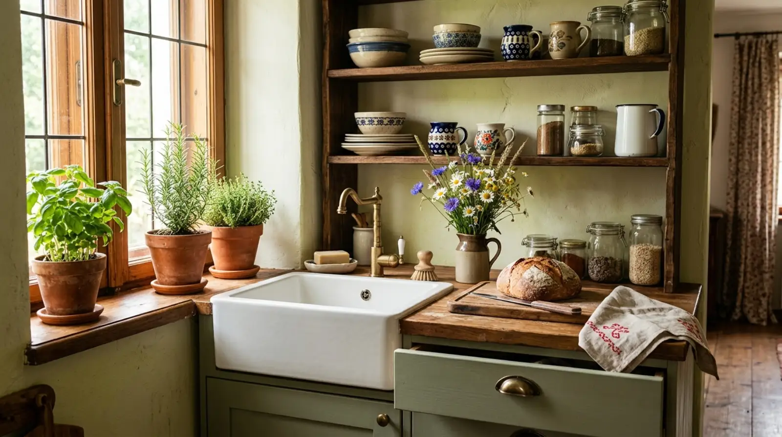 Kuchnia w stylu cottagecore — otwarte drewniane półki z ceramiką, sage green fronty z mosiężnymi uchwytami, doniczki z ziołami i polne kwiaty