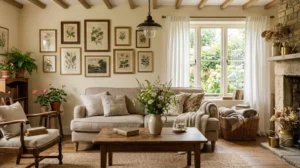 Wnętrza w stylu cottagecore — jasny salon z lnianą kanapą, drewnianym stolikiem vintage, wiklinowym koszem i polnymi kwiatami w ceramicznym dzbanku