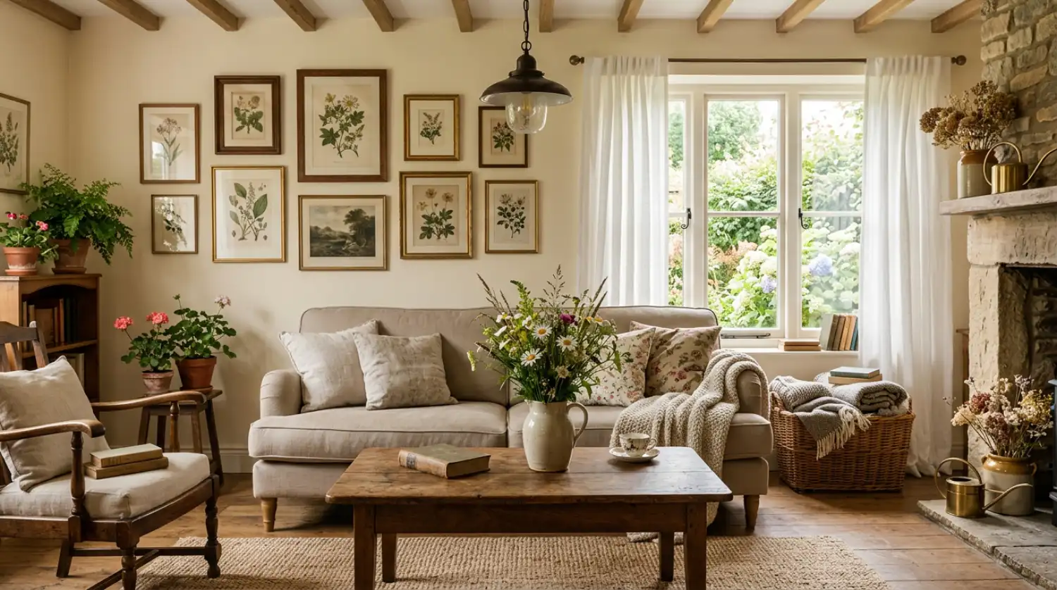 Jak urządzić mieszkanie w stylu modern farmhouse 2 Salon w stylu modern farmhouse z białą lnianą sofą drewnianym stolikiem kawowym i jasnymi akcentami w naturalnej palecie kolorów