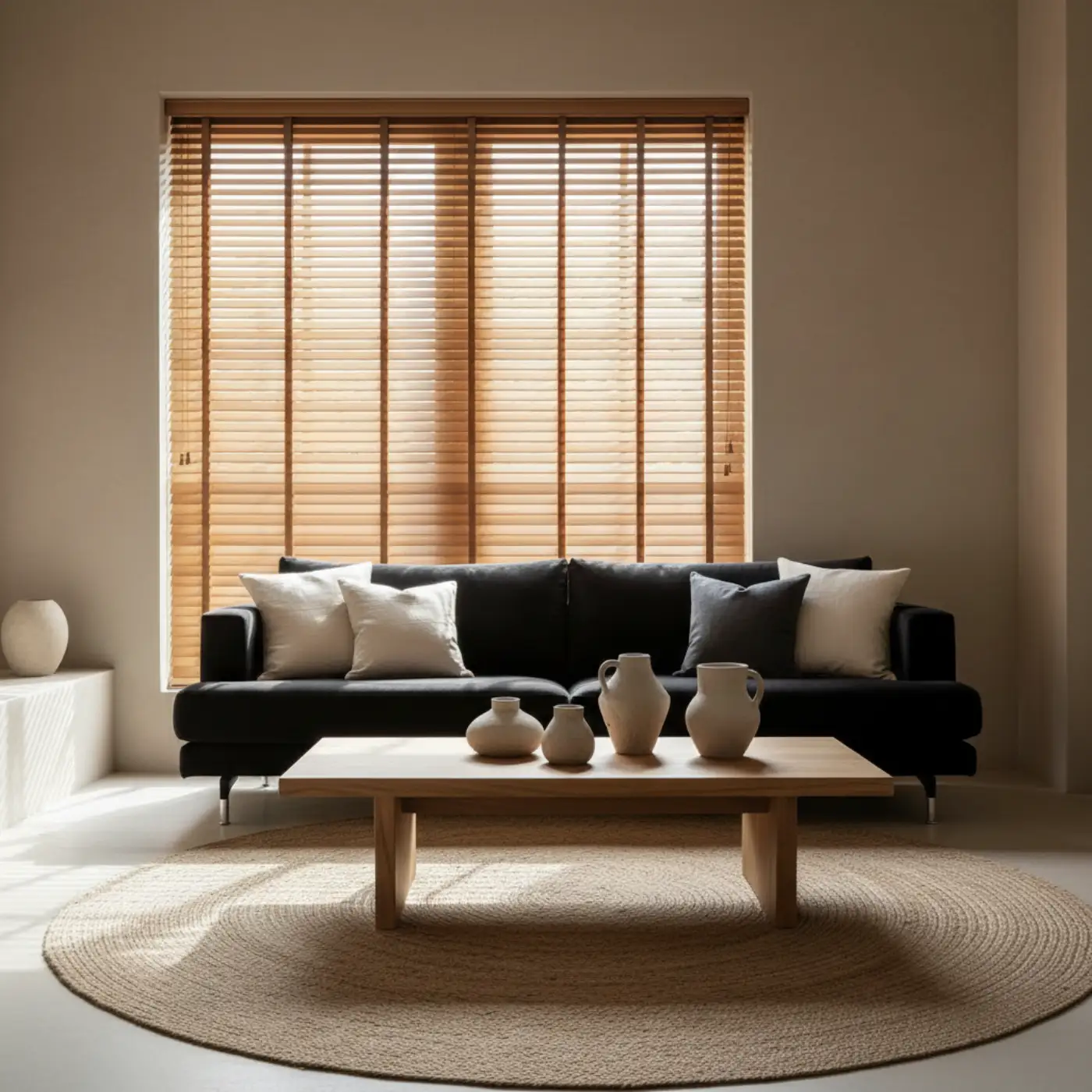 Żaluzje drewniane w stylu japandi 65 mm w odcieniu miodowego basswood — salon z czarną kanapą i niskim stolikiem