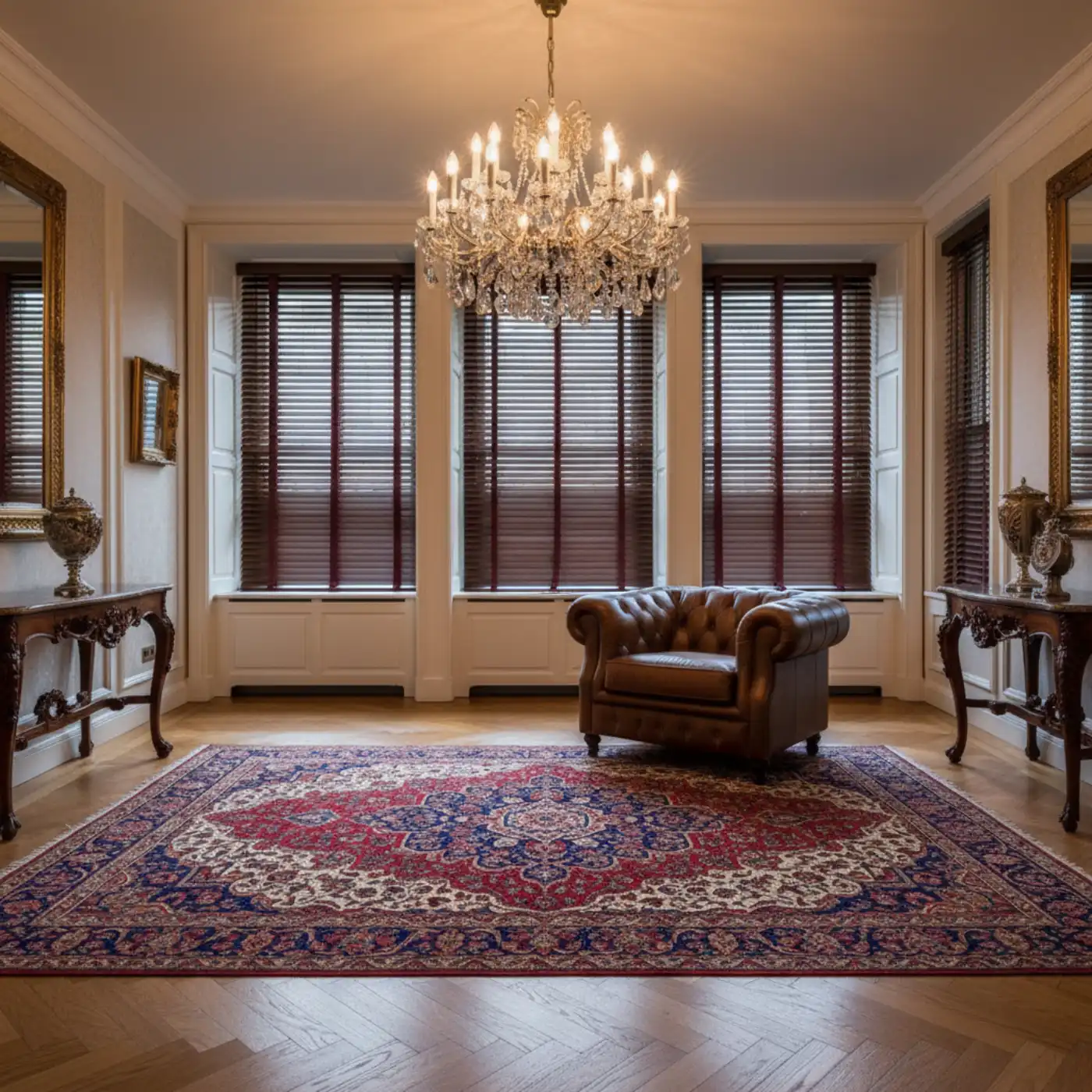 Klasyczny salon z ciemnymi żaluzjami drewnianymi w odcieniu orzecha — elegancka aranżacja z fotelem chesterfield